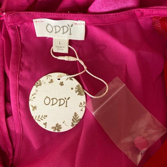 Oddy NWT Pink Red Satin Two Tone Colorblock Tie Front Long Sleeve Midi Dress L - Picture 6 of 7